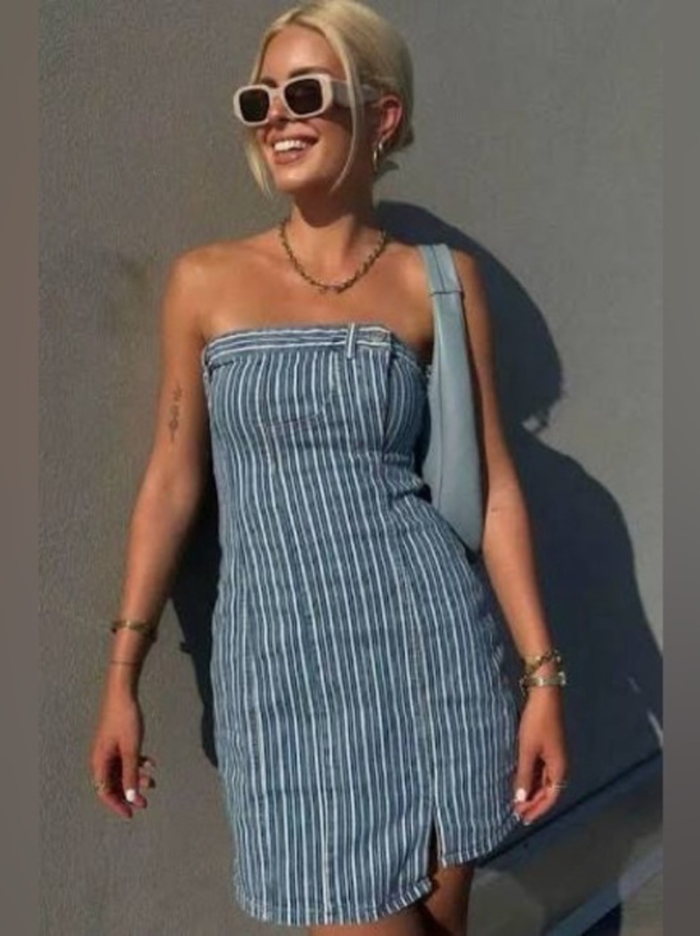 NWOT | Zara Striped Blue Strapless Denim Mini Dress